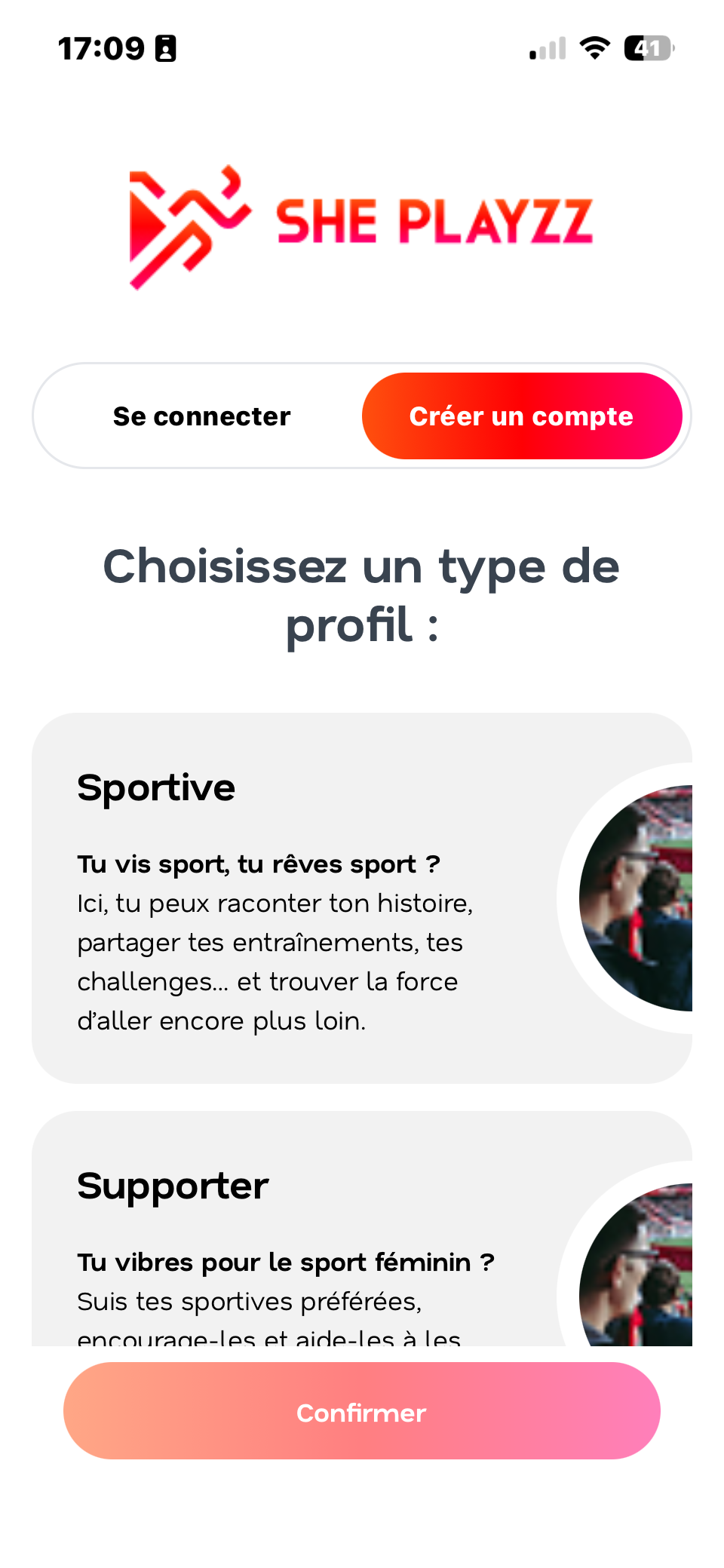 Écran d'inscription Sheplayzz - Choix du type de profil sportive ou supporter