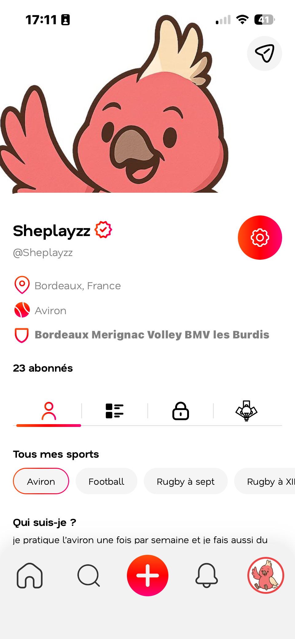 Profil sportive certifié sur l'application Sheplayzz avec l'assistante Galinette