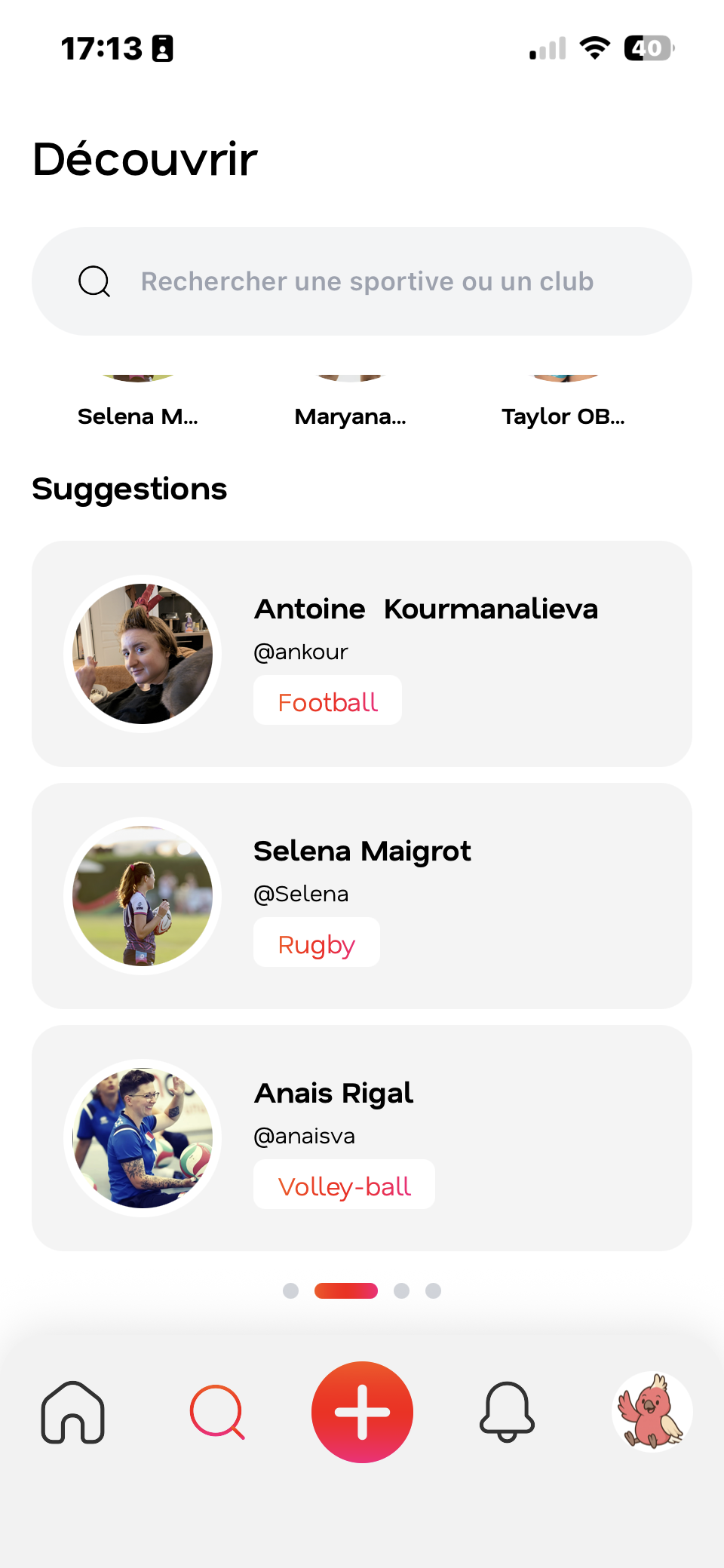 Onglet Découvrir et recherche de sportives sur l'application Sheplayzz